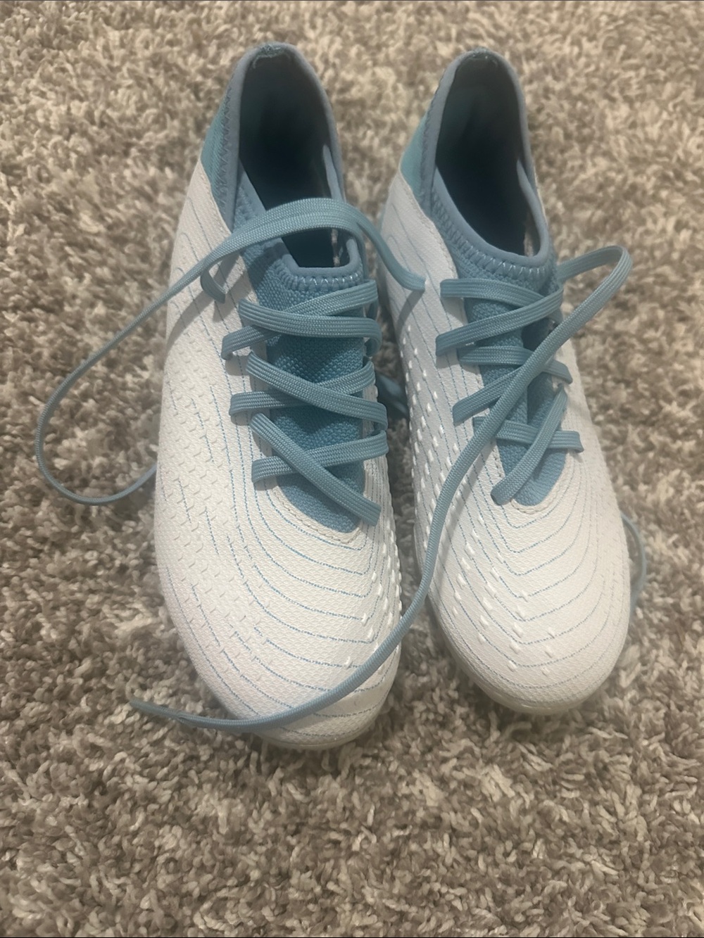 adidas White & Light Blue Athletic Cleats